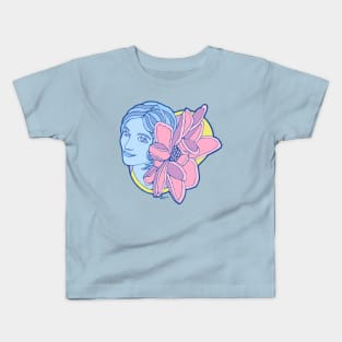 Pretty Woman in Blues with Giant Pink Flower Kids T-Shirt